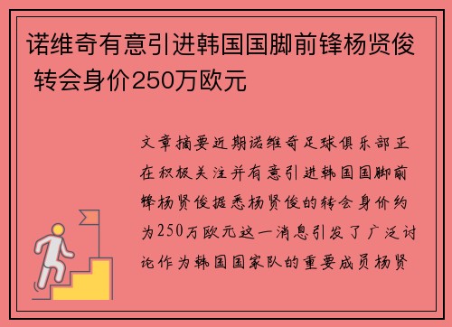 诺维奇有意引进韩国国脚前锋杨贤俊 转会身价250万欧元