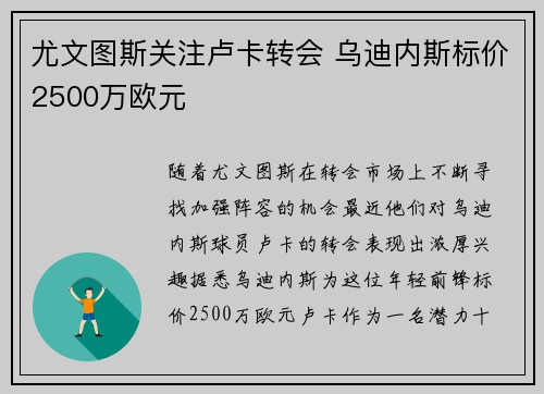 尤文图斯关注卢卡转会 乌迪内斯标价2500万欧元