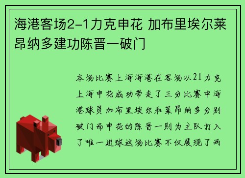 海港客场2-1力克申花 加布里埃尔莱昂纳多建功陈晋一破门